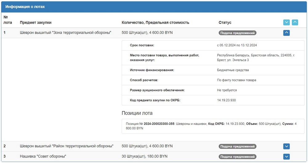 Тендер на шевроны для Брестского горисполкома. Скриншот сайта госзакупок