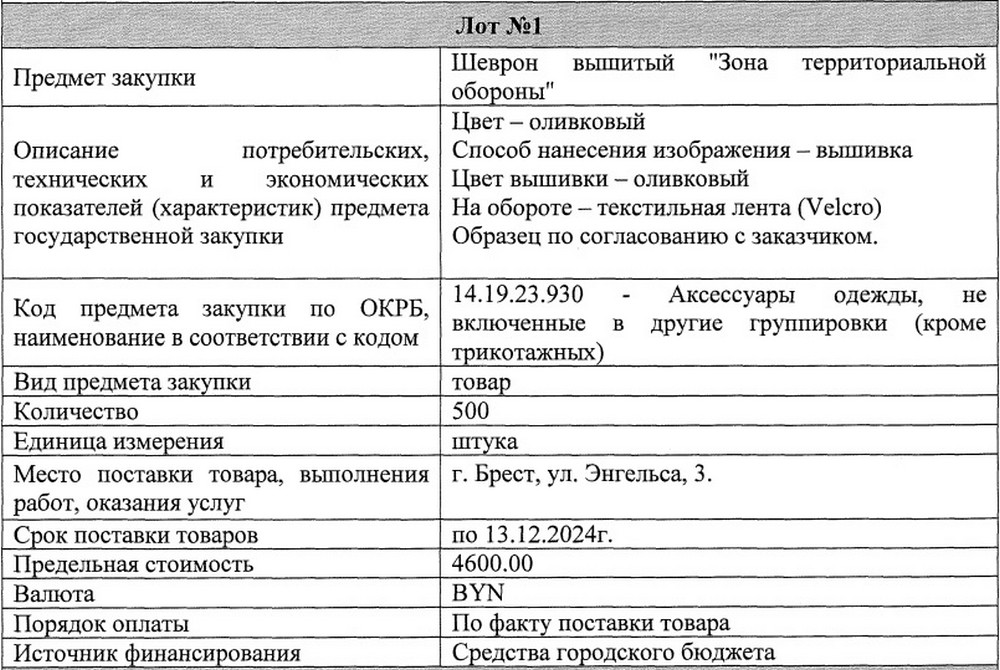 Требования к шевронам для Брестского горисполкома. Скриншот документа на сайте госзакупок