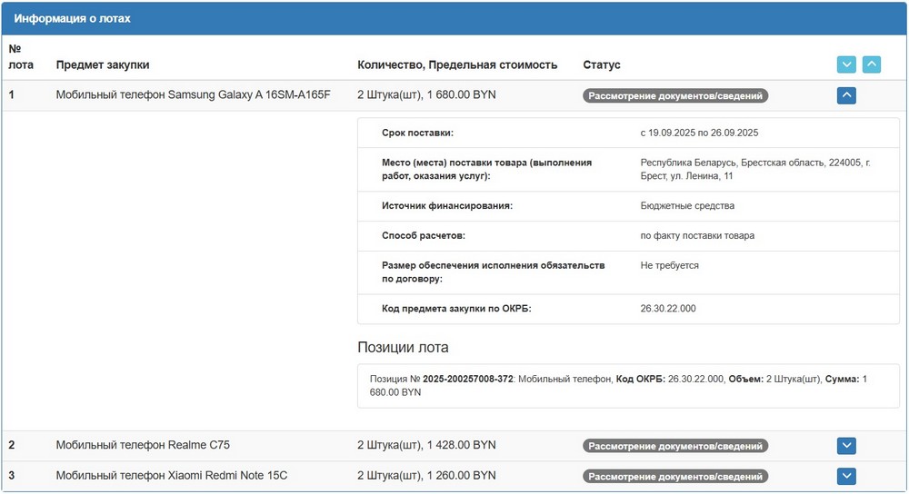 Тендер Брестского облисполкома на смартфоны. Скриншот сайта госзакупок