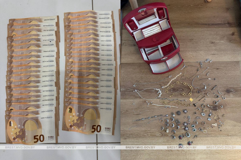 Деньги и драгоценности, которые были в сумке россиянки. Фото: УВД Брестского облисполкома