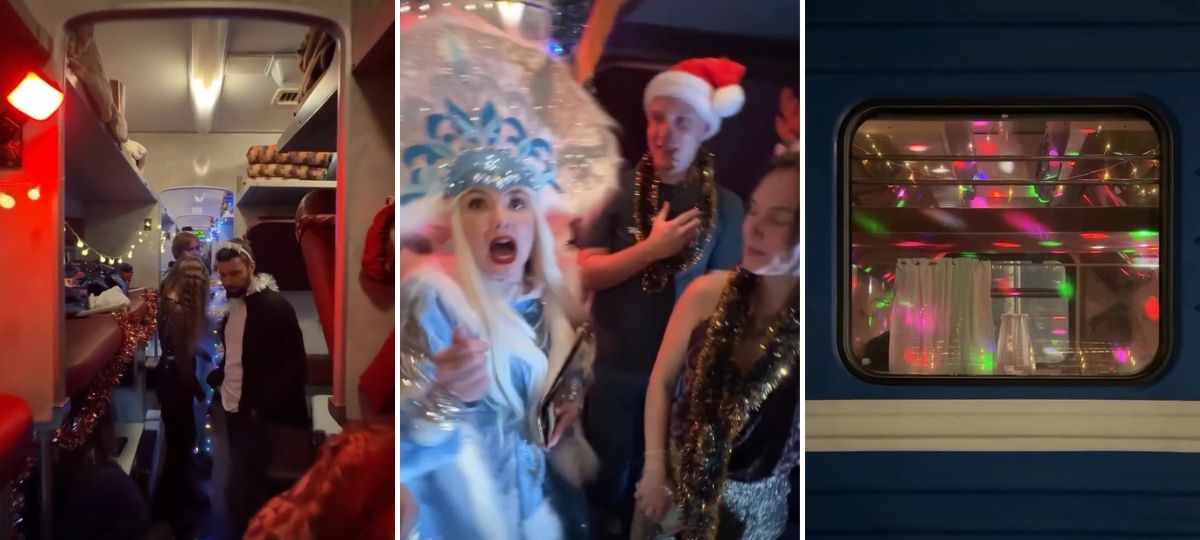 Празднование Нового года в поезде до Бреста. Коллаж BGmedia