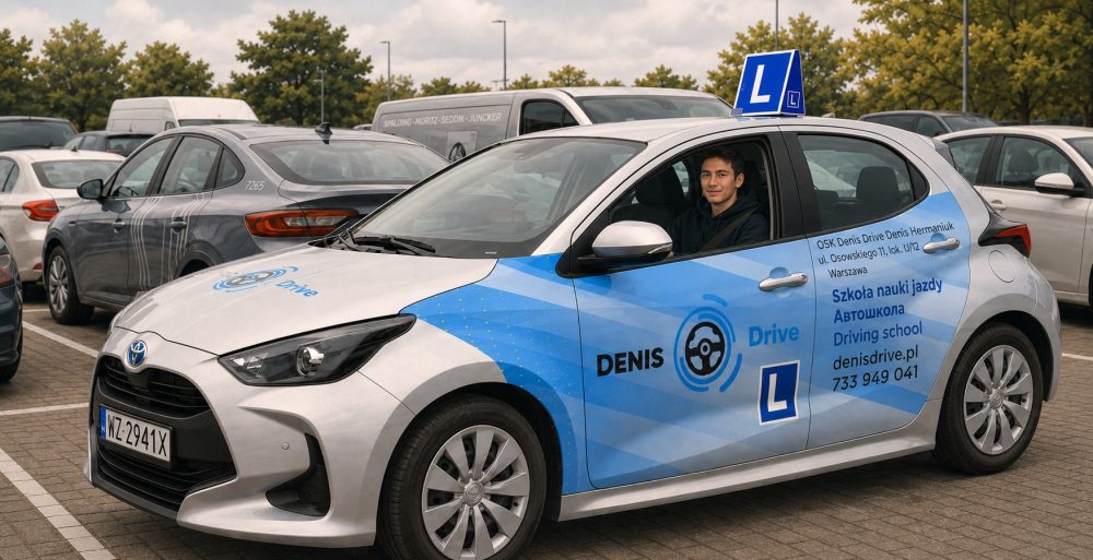 Учебный автомобиль Denis Drive на парковке перед экзаменом: в машине сидит курсант, на крыше установлен знак L.